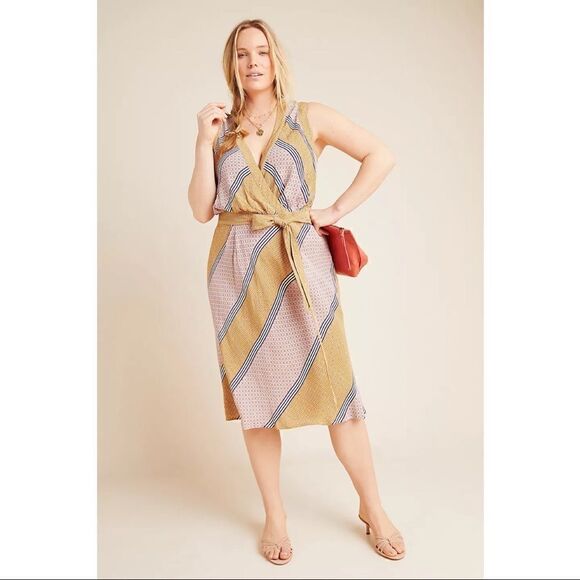 NEW Anthropologie Maeve Carla Pink Geometric V-Neck Wrap Tie Mini Dress Size 12 - Picture 5 of 8